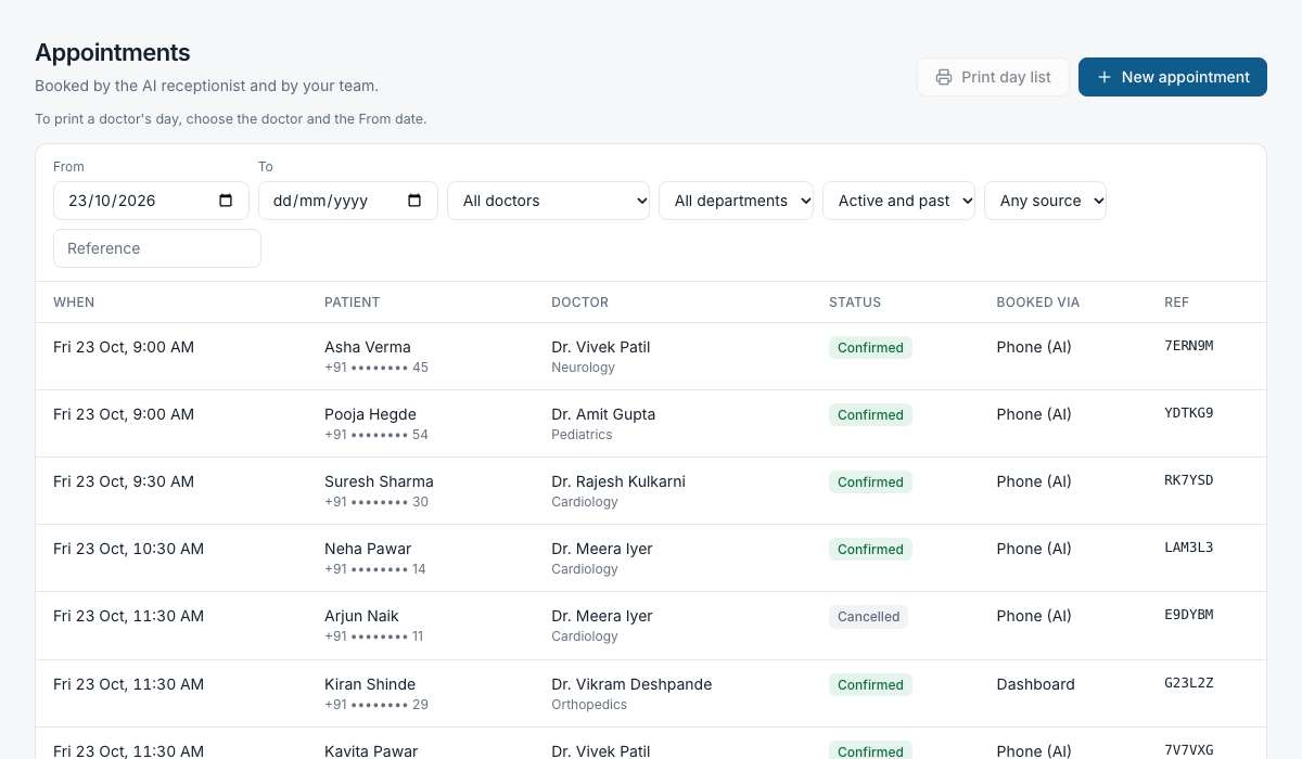 The appointments list in the Setu26 dashboard showing bookings from the phone and the desk