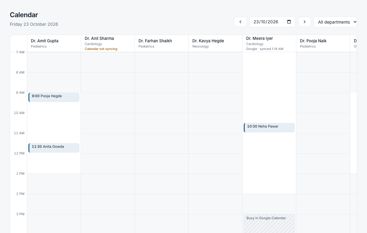 The Setu26 hospital calendar: one column per doctor with booked appointments and a doctor's personal busy time from Google Calendar
