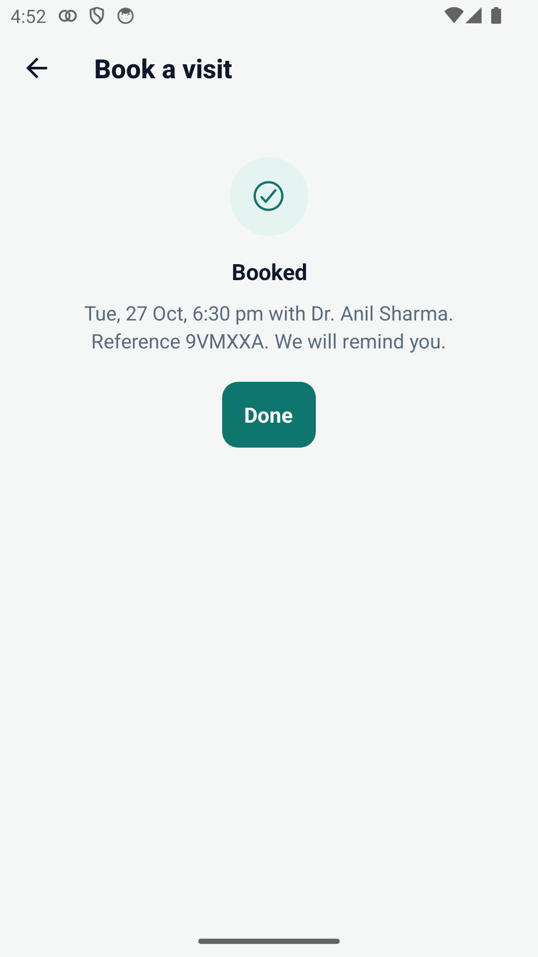 The Swasthya patient app confirming a booked visit